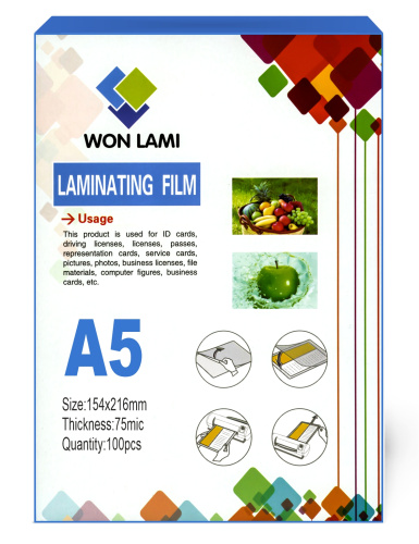 Пакетная пленка для ламинирования, глянцевая, 154х216мм (А5),  75мкм, WF